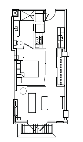 Floor plan for 1 bed, 1 bath, 543 sqft